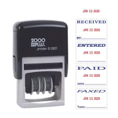 2000 PLUS Self-Inking Message and Date Date Stamp, FAXED, PAID, RECEVIED, ENTERED, 1-3/4" X 7/8" Impression, Self-Inking, Red and Blue Ink