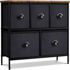Sorbus Dresser with 5 Drawers - Storage Chest Organizer Unit with Steel Frame, Wood Top, Easy Pull Fabric Bins - Long Wide TV Stand for Bedroom Furniture, Hallway, Closet & Office Organization Black/Wood Top