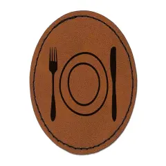 Place Setting Fork Knife Plate Utensil Eating Sketch Round Iron-On Engraved Faux Leather Patch Applique - 2.5" Brown