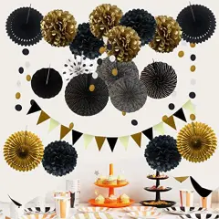 21 Pieces Party Decoration, Black and Gold Hanging Paper Fans, Pom Poms Flowers, Garlands String Polka Dot and Triangle Bunting Flags for Birthday Parties Wedding D&eacute;cor, Table & Wall Decorations