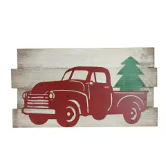 Raz 28" Rustic Wood and Metal Red Truck Carrying Tree Wall Art Green