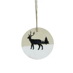 Northlight Winter Deer with Pine Trees on Wooden Disc Christmas Ornament - 3.75" - Beige Brown