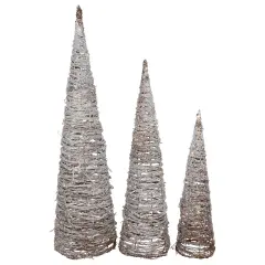 Northlight LED Lighted Snowy Rattan Christmas Cone Tree Decorations - 3.25' - Set of 3 Brown