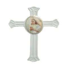 Roman Kathryn Fincher First Communion Girl Porcelain Wall Cross #13159 White