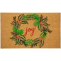 Northlight Natural Coir "Joy" Wreath Christmas Doormat 18" x 30" Brown