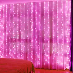 Perfect Holiday 300 LED Curtain String Lights Plug In - 8 Light Modes Pink