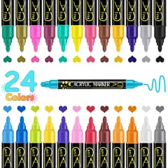 24-Color Dual Tip Acrylic Paint Pens Markers Premium for Wood, Canvas, Stone, Rock, Glass, Ceramic Surfaces DIY Crafts and Art Supplies