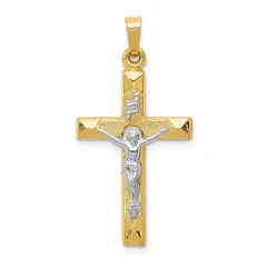 14K Two Tone Gold INRI Hollow Crucifix Pendant Charm Jewerly 33mm x 17mm