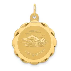 14K Yellow Gold Swimming Disc Charm Pendant Jewelry 25mm x 19mm