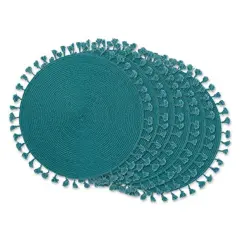 DII Teal Tassel Fringe Pp Woven Round Placemat Set of 6