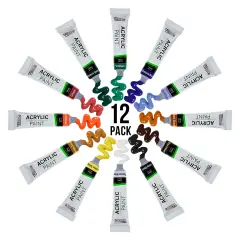 Professional 12 Color Set of Acrylic Paint in 12ml Tubes - Rich Pigment Vivid Colors for Artists, Students, Beginners, Kids, Adults - Canvas, Portrait Paintings, Wood, Craft, Hobby