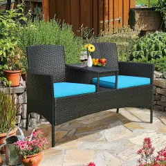 Modern Patio Conversation Set with Built-in Coffee Table and Cushions Turquoise