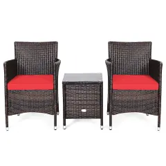 3 Pieces Patio Wicker Rattan Furniture Set with Steel Frame and Polyester Cushions Red