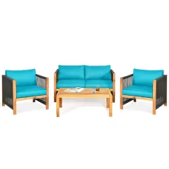 4 Pcs Acacia Wood Outdoor Patio Furniture Set with Cushions Turquoise