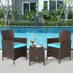 3 Pieces Patio Rattan Furniture Set Cushioned Sofa and Glass Tabletop Deck Blue