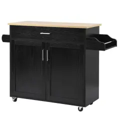 Rolling Kitchen Island Cart with Towel and Spice Rack Black