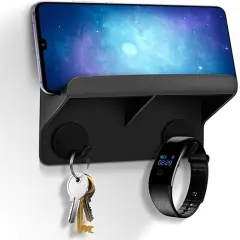 DIOTUSS Wall Mounted Cell Phone-I-Pad Holder/Stand with Double Layer & Key Hooks-Black