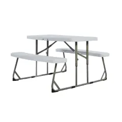 Emma and Oliver Aryka Kid's Easy Fold Waterproof, Stain and Impact Resistant Plastic Picnic Table with Benches and Steel Tube Frame White