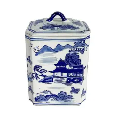 Kingston Living Ceramic Rectangular Jar with Lid - 8" - Blue and White