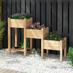 3-tier Wooden Raised Garden Bed With Open Storage Shelf-Natural