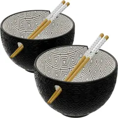 American Atelier Ramen Bowl with Chopsticks | Set of 2 | Embossed Black Design