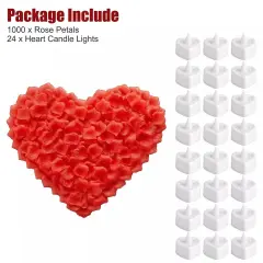 1000Pcs Artificial Rose Petals + 24Pcs LED Heart Light Candles Romantic Propose