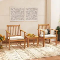 3 Pieces Patio Wood Furniture Set With Soft Cushions For Porch White