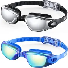 Swim Goggles, 2 Pack Swimming Goggles No Leaking Adult Men Women Youth Bright BlueSliver