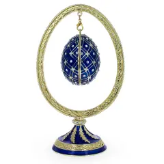 Blue Enamel Jeweled Easter Egg in the Egg Shaped Display Holder Figurine
