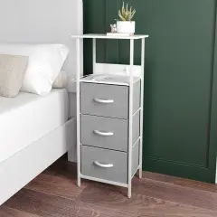 Emma and Oliver Hermes Nightstand with 3 Fabric Drawers, Charging Station with 2 USB Ports/Power Outlet, Engineered Wood Top, Wood Handles, Metal Frame GrayDrawers/White