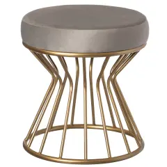 Modern Round Velvet Stool with Bent Gold Metal Base Standard Ottoman Gray