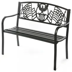Steel Outdoor Patio Garden Park Seating Bench with Cast Iron Patriotic American Flag and Eagle Backrest, Front Porch Yard Bench Lawn Decor
