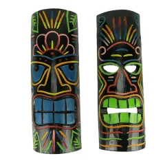 Brightly Colored Wood 20 inch Tall Tiki Totem Masks Set of 2