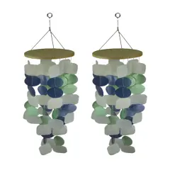 Blue Green and White Capiz Shell Wind Chime for Garden Patio Yard Set of 2