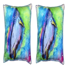 Pair of Betsy Drake Little Blue Heron Outdoor Pillows 18 Inch x 18 Inch