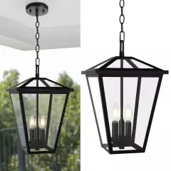 3-Light Outdoor Pendant Light Metal Glass Outdoor Hanging Light Ceiling Mount