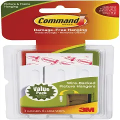 Command Large Wire-Backed Picture Hangers-White 3 Hooks & 6 Strips