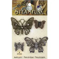 Solid Oak Steampunk Metal Accents 4/Pkg-Butterflies
