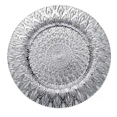 SILVER 6 Plastic 13" Round CHARGER PLATES Embossed Peacock Pattern