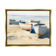 Stupell Industries Boats on Beach Painting Framed Floater Canvas Wall Art Gold Floater Frame