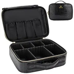 Travel Makeup Case, Train Case Makeup Brush Organizer, Professional Makeup Artist Makeup Organizer, with Adjustable Partition and Shoulder Straps, Train Case Makeup Bag (Crocodile, Small)