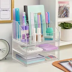 Chloe Stackable Clear Makeup Holder with Double Organizer Drawer Set - Ideal for Organizing Cosmetics and Beauty Supplies, Made in the USA