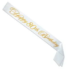 Glittered Happy 80th Birthday Satin Sash, (Pack of 6)