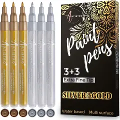 6 Pieces Metallic Acrylic Paint Pens for Rock Painting, Stone, Ceramic, Glass, Wood, Fabric, Canvas, Metal, Scrapbooking (6 Pack) Set of 3 Gold & 3 Silver Acrylic Paint Markers Water-Based Extra-Fine Tip 0.7mm