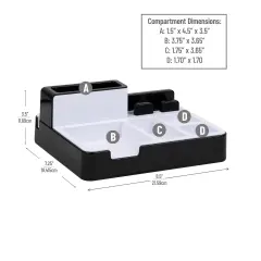 Desktop Organizer Charging Station, Accessory Storage, Workspace, Office, 8.5" L x 7.25" W x 3.5" H, Black and White