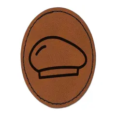 Beret Hat Doodle Round Iron-On Engraved Faux Leather Patch Applique - 2.5" Brown