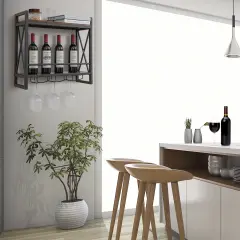 Industrial Wall Mounted Wine Rack With 3 Stem Glass Holders