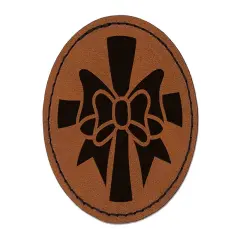 Ribbon on Package Round Iron-On Engraved Faux Leather Patch Applique - 2.5" Brown