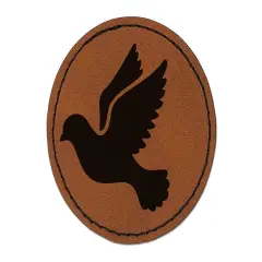 Dove Flying Silhouette Bird Round Iron-On Engraved Faux Leather Patch Applique - 2.5" Brown
