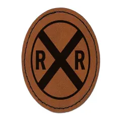 Railroad Crossing Train Round Iron-On Engraved Faux Leather Patch Applique - 2.5" Brown